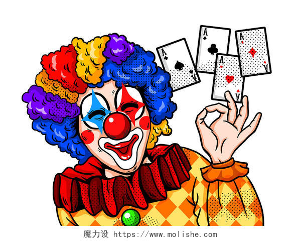 彩色手绘卡通马戏团小丑表演扑克牌愚人节元素PNG素材